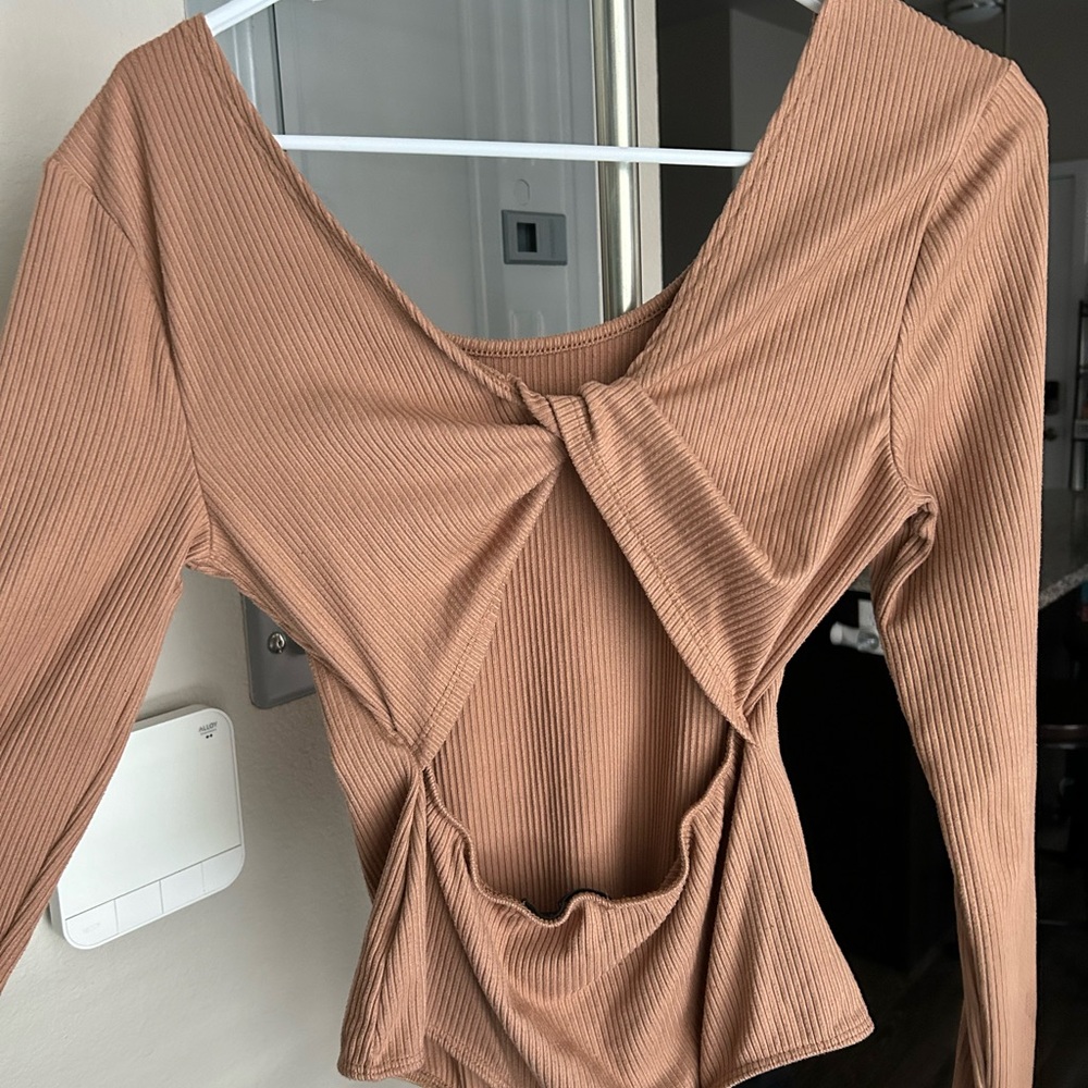 Tan Asymmetrical Cut-Out Ribbed Bodysuit